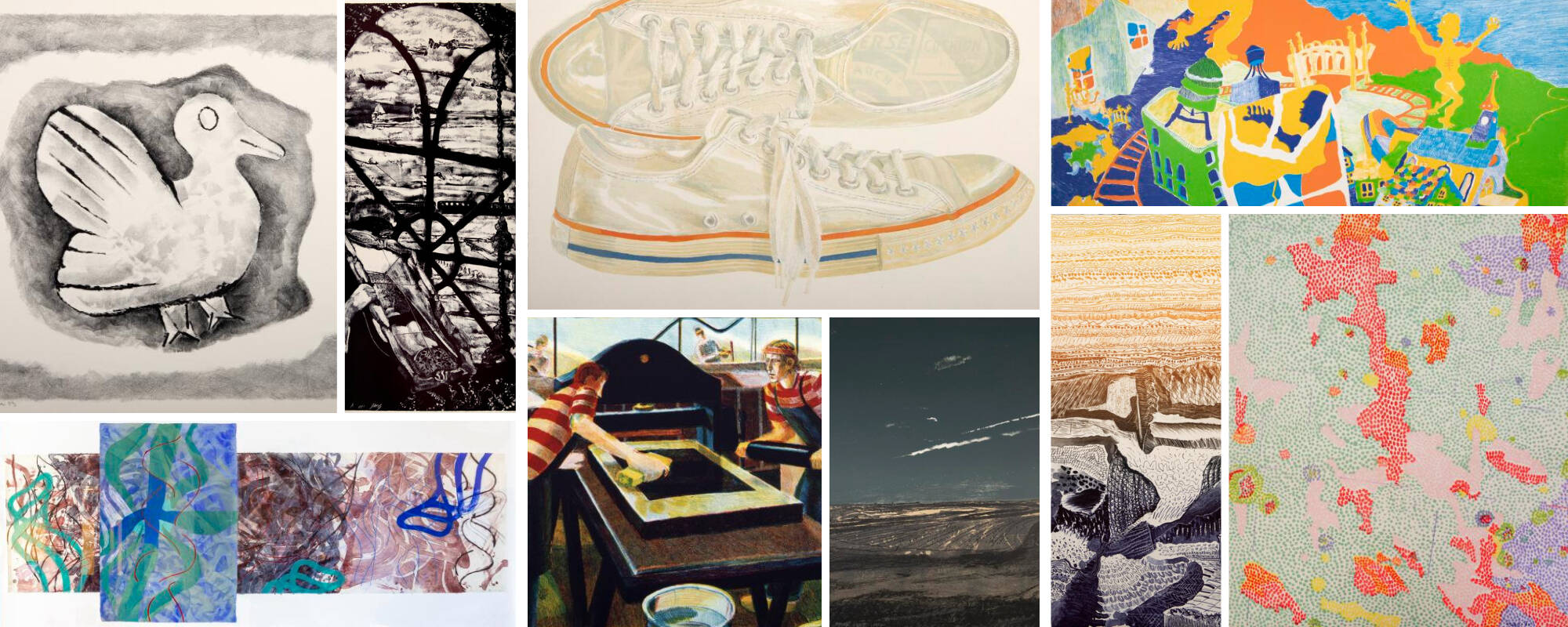 Collage of nine different images from the GVSU Art Museum Collection that showcase the David and Ann Kiester Collection.